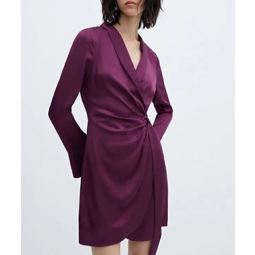Mango Florence Dress Satin Long Sleeve Buckled Wrap Mini Purple NWT 4
